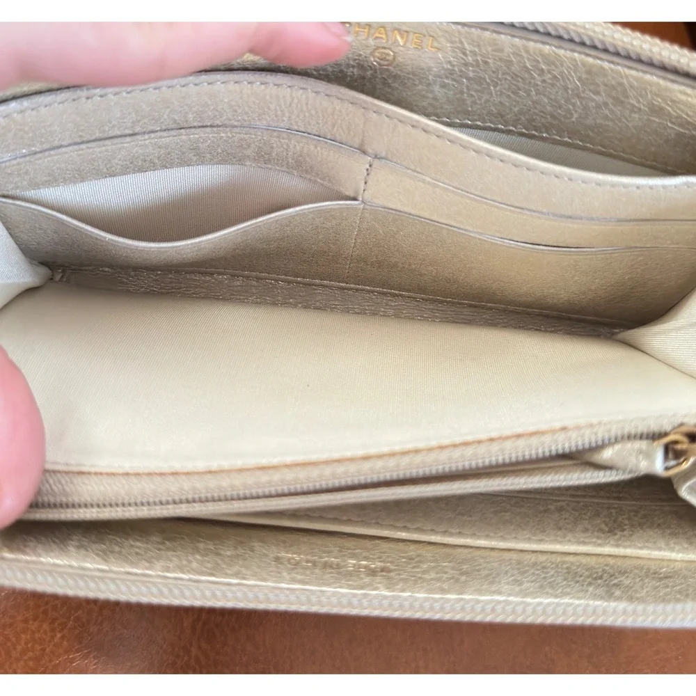 Chanel Timeless CC Zip Around Long Wallet Metallic Champagne Gold Leather Italy